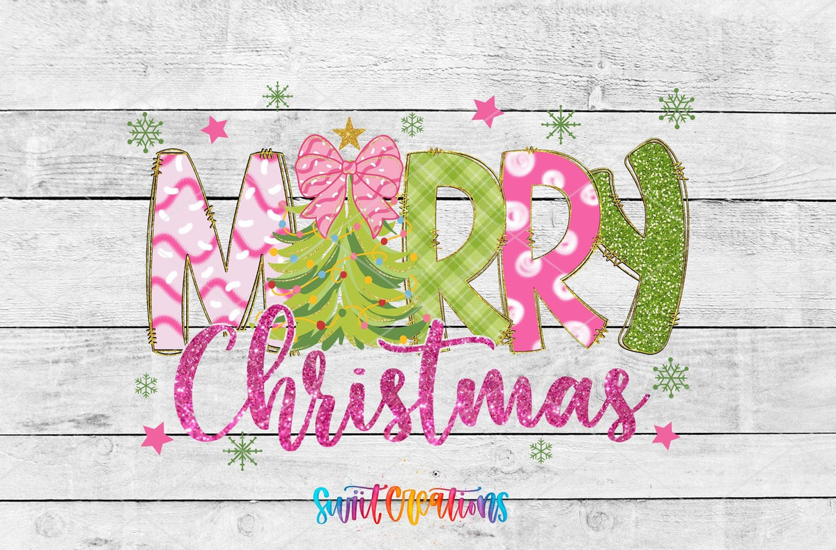 Merry Christmas Pink Green Tree UV DTF Transfer Tumbler Wrap | DTF245 - Swiit Creations