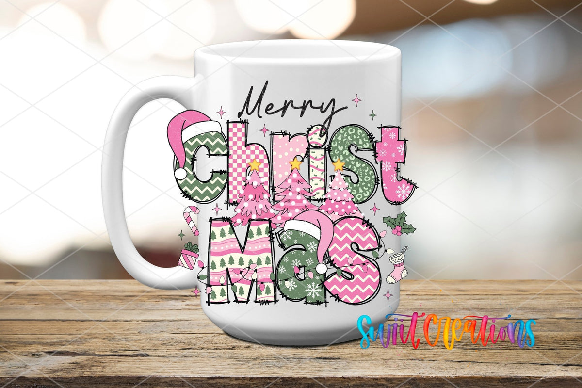Swiit Creations UV DTF Merry Christmas Pink Patchwork transfer applied to a white ceramic mug
