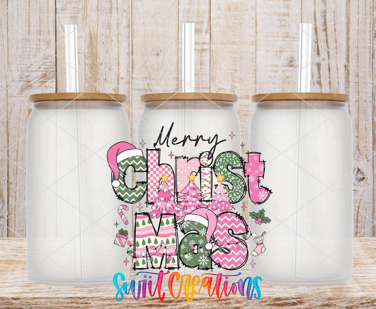 Swiit Creations UV DTF Merry Christmas Pink Patchwork transfer shown on a clear glass can set
