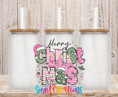 Swiit Creations UV DTF Merry Christmas Pink Patchwork transfer shown on a clear glass can set