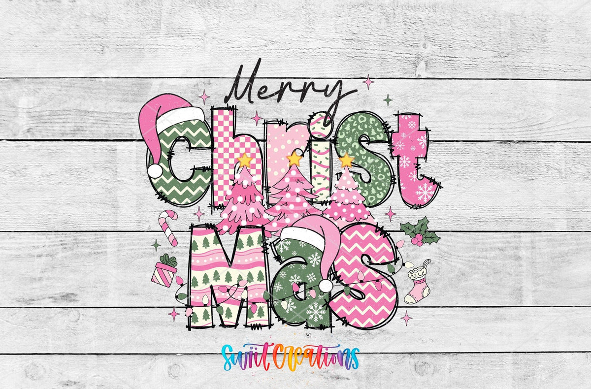 Swiit Creations UV DTF Merry Christmas Pink Patchwork transfer shown as the full artwork preview