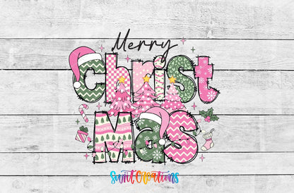 Swiit Creations UV DTF Merry Christmas Pink Patchwork transfer shown as the full artwork preview