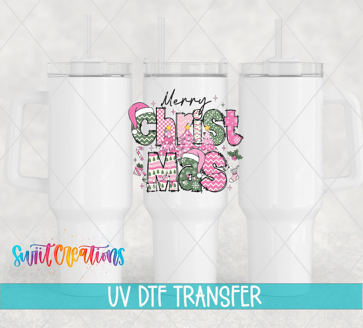 Swiit Creations UV DTF Merry Christmas Pink Patchwork transfer shown on a white tumbler set
