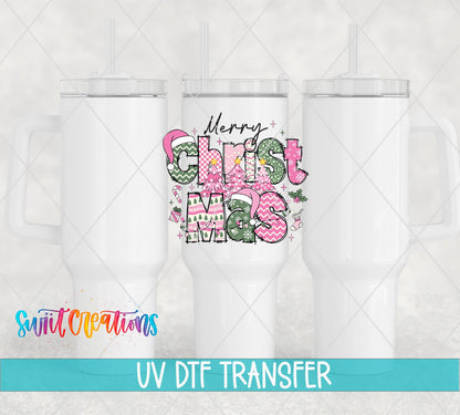 Swiit Creations UV DTF Merry Christmas Pink Patchwork transfer shown on a white tumbler set