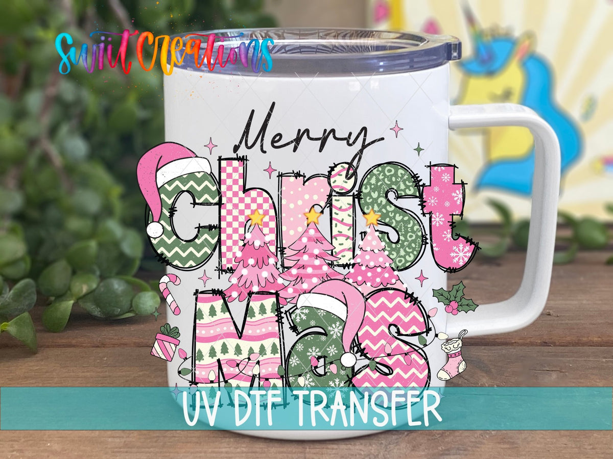 Swiit Creations UV DTF Merry Christmas Pink Patchwork transfer displayed on a white coffee mug