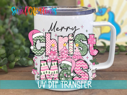 Swiit Creations UV DTF Merry Christmas Pink Patchwork transfer displayed on a white coffee mug