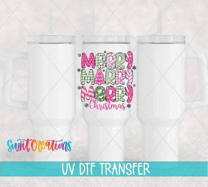 Swiit Creations UV DTF Merry Christmas Pink Patchwork transfer shown on a white tumbler set