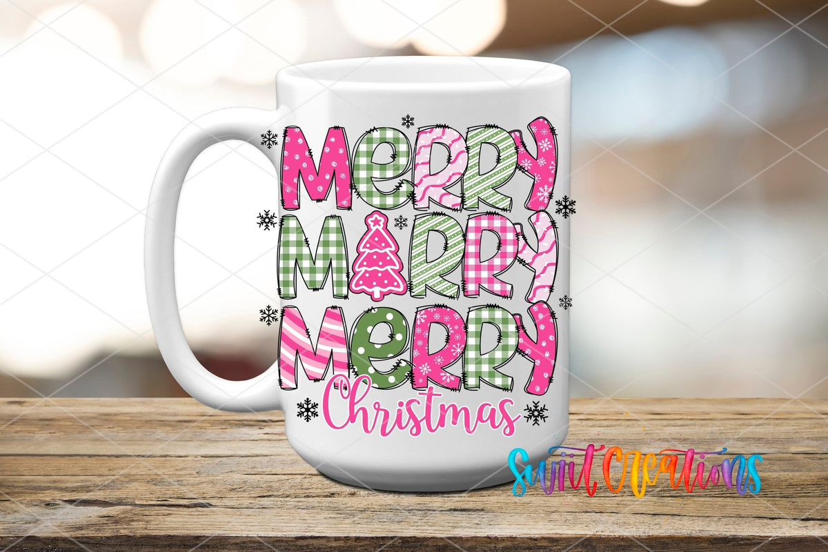 Swiit Creations UV DTF Merry Christmas Pink Patchwork transfer applied to a white ceramic mug