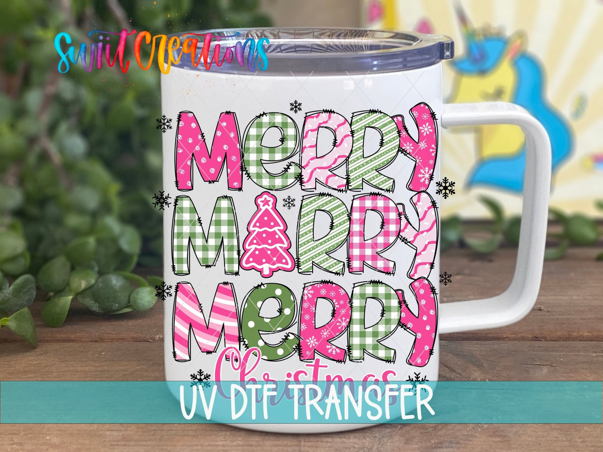 Swiit Creations UV DTF Merry Christmas Pink Patchwork transfer displayed on a white coffee mug