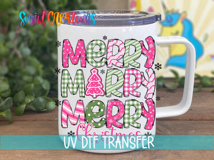 Swiit Creations UV DTF Merry Christmas Pink Patchwork transfer displayed on a white coffee mug