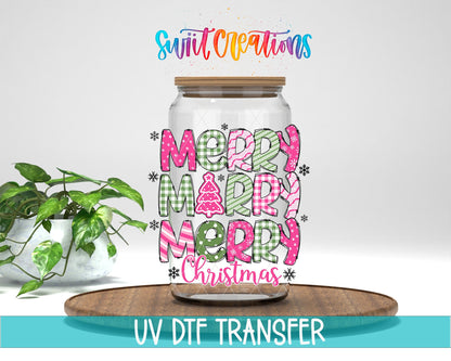 Swiit Creations UV DTF Merry Christmas Pink Patchwork transfer displayed on a clear jar mockup