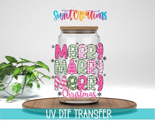 Swiit Creations UV DTF Merry Christmas Pink Patchwork transfer displayed on a clear jar mockup
