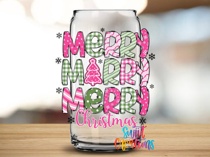 Swiit Creations UV DTF Merry Christmas Pink Patchwork transfer applied to a clear glass can
