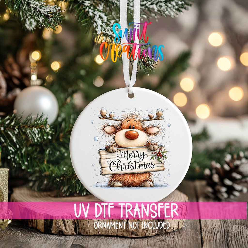 Merry Christmas Reindeer Ornament UV DTF Transfer | Shaggy Orange Reindeer with Holly Sign | O-2164 - Swiit Creations