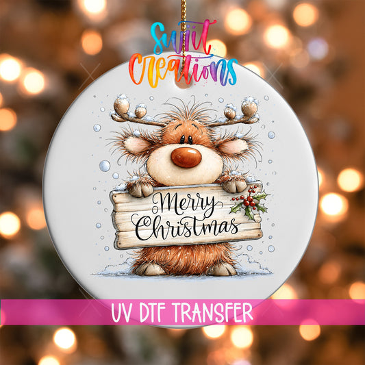 Merry Christmas Reindeer Ornament UV DTF Transfer | Shaggy Orange Reindeer with Holly Sign | O-2164 - Swiit Creations