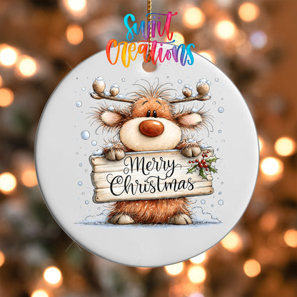 Merry Christmas Reindeer Ornament UV DTF Transfer | Shaggy Orange Reindeer with Holly Sign | O-2164 - Swiit Creations