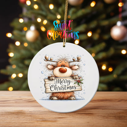 Merry Christmas Reindeer Ornament UV DTF Transfer | Shaggy Orange Reindeer with Holly Sign | O-2164 - Swiit Creations