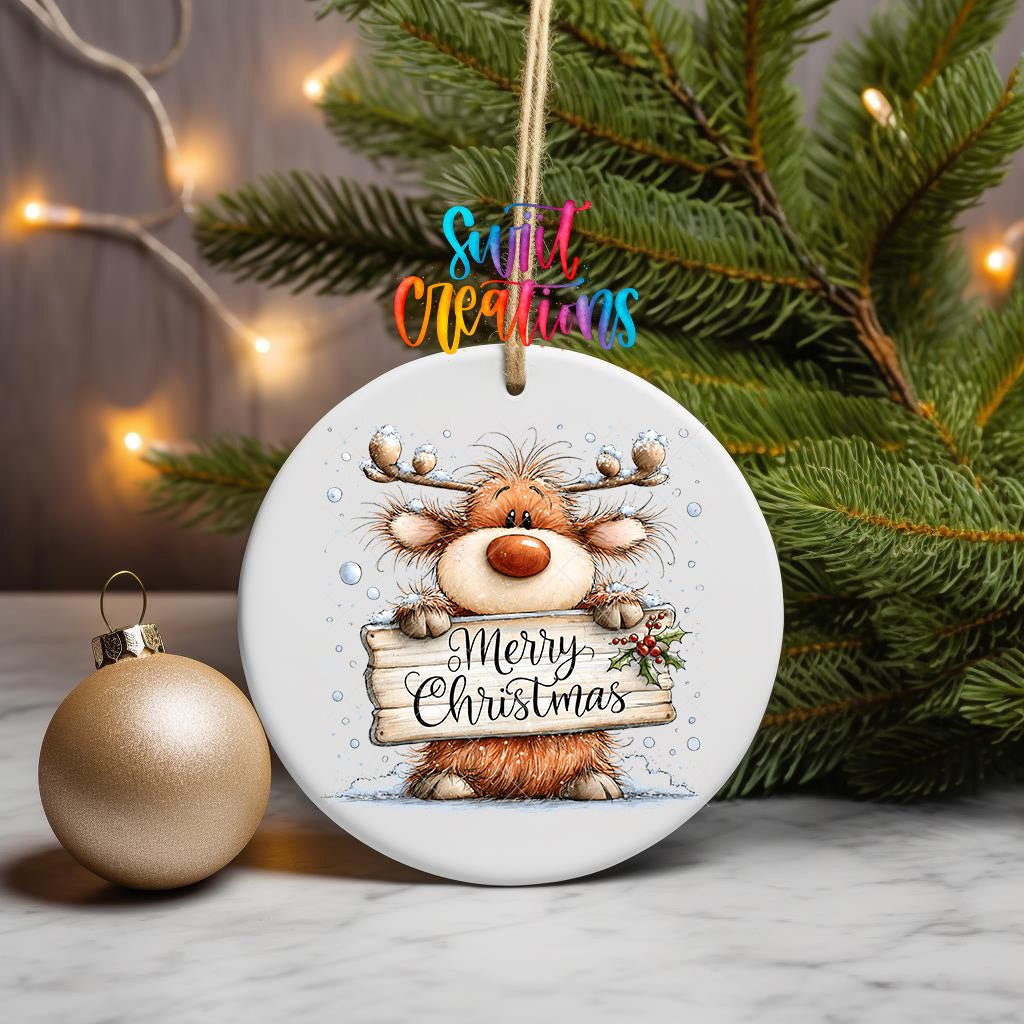 Merry Christmas Reindeer Ornament UV DTF Transfer | Shaggy Orange Reindeer with Holly Sign | O-2164 - Swiit Creations