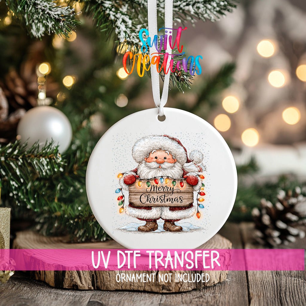 Merry Christmas Santa Ornament UV DTF Transfer | Classic Santa with Colorful Holiday Lights | O-2163 - Swiit Creations