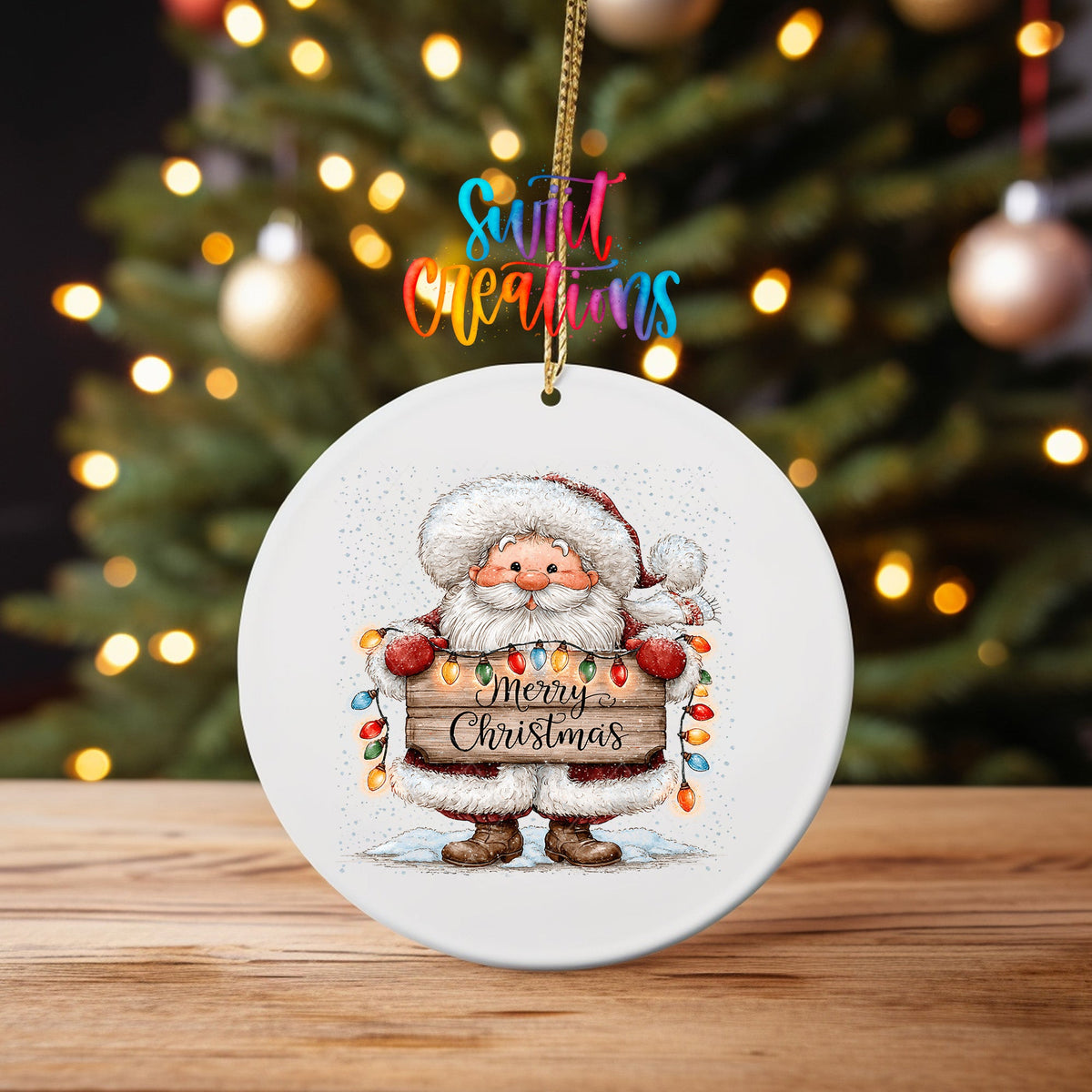 Merry Christmas Santa Ornament UV DTF Transfer | Classic Santa with Colorful Holiday Lights | O-2163 - Swiit Creations