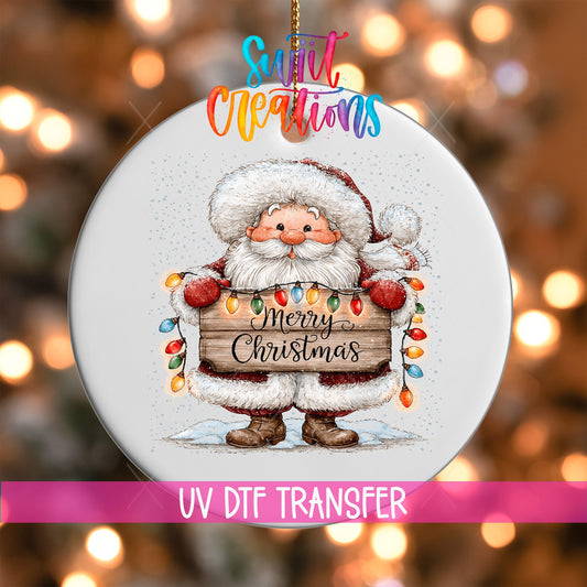 Merry Christmas Santa Ornament UV DTF Transfer | Classic Santa with Colorful Holiday Lights | O-2163 - Swiit Creations
