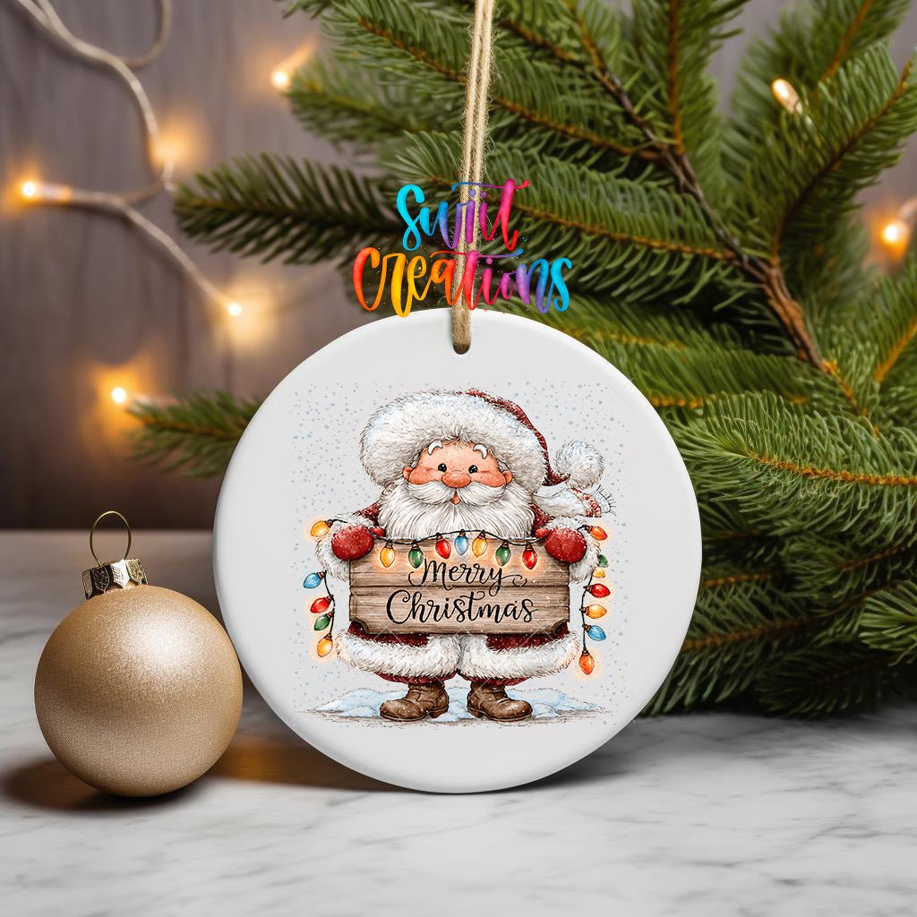 Merry Christmas Santa Ornament UV DTF Transfer | Classic Santa with Colorful Holiday Lights | O-2163 - Swiit Creations