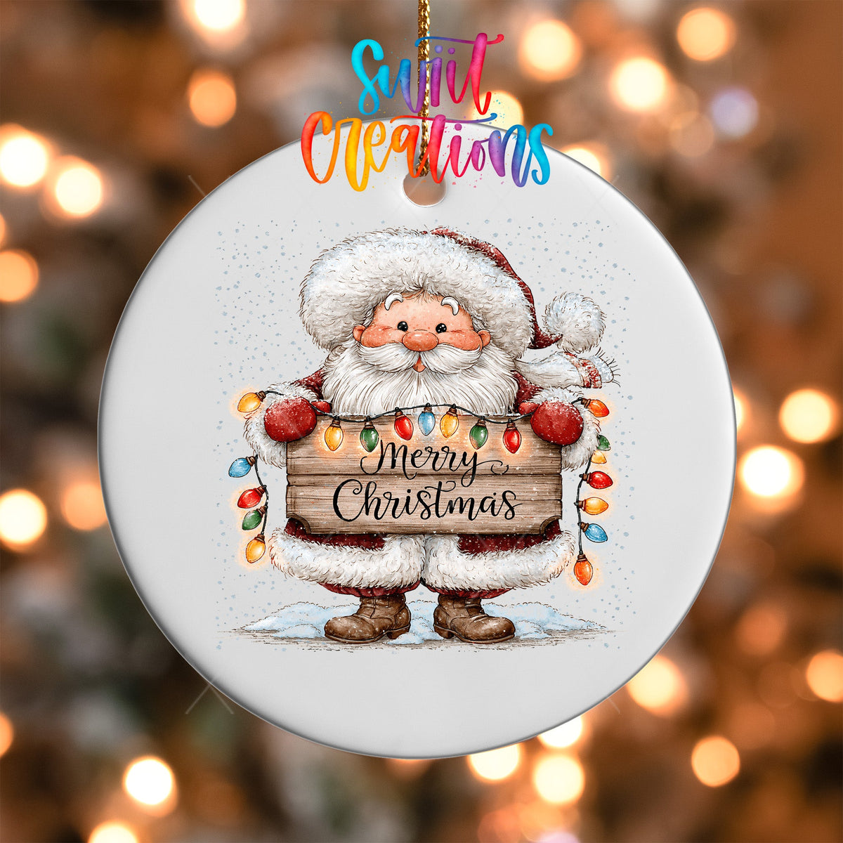 Merry Christmas Santa Ornament UV DTF Transfer | Classic Santa with Colorful Holiday Lights | O-2163 - Swiit Creations