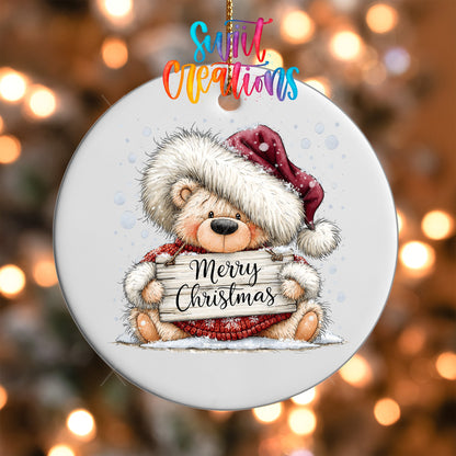 Merry Christmas Teddy Bear Ornament UV DTF Transfer | Cozy Bear with Rustic Holiday Sign | O-2162 - Swiit Creations