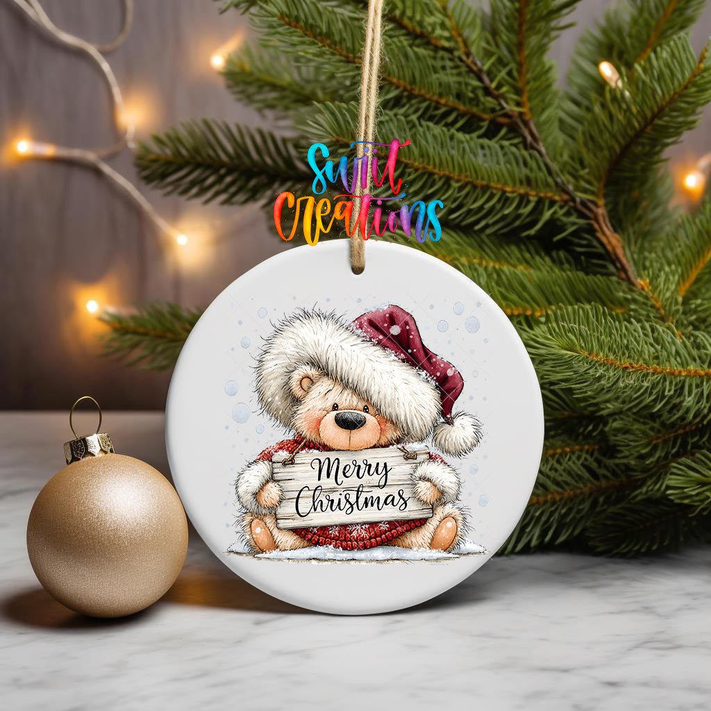 Merry Christmas Teddy Bear Ornament UV DTF Transfer | Cozy Bear with Rustic Holiday Sign | O-2162 - Swiit Creations