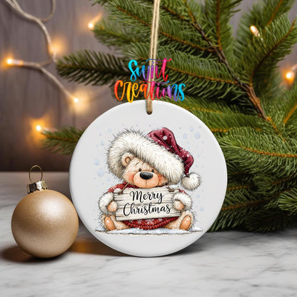 Merry Christmas Teddy Bear Ornament UV DTF Transfer | Cozy Bear with Rustic Holiday Sign | O-2162 - Swiit Creations