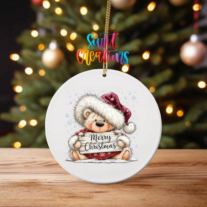 Merry Christmas Teddy Bear Ornament UV DTF Transfer | Cozy Bear with Rustic Holiday Sign | O-2162 - Swiit Creations
