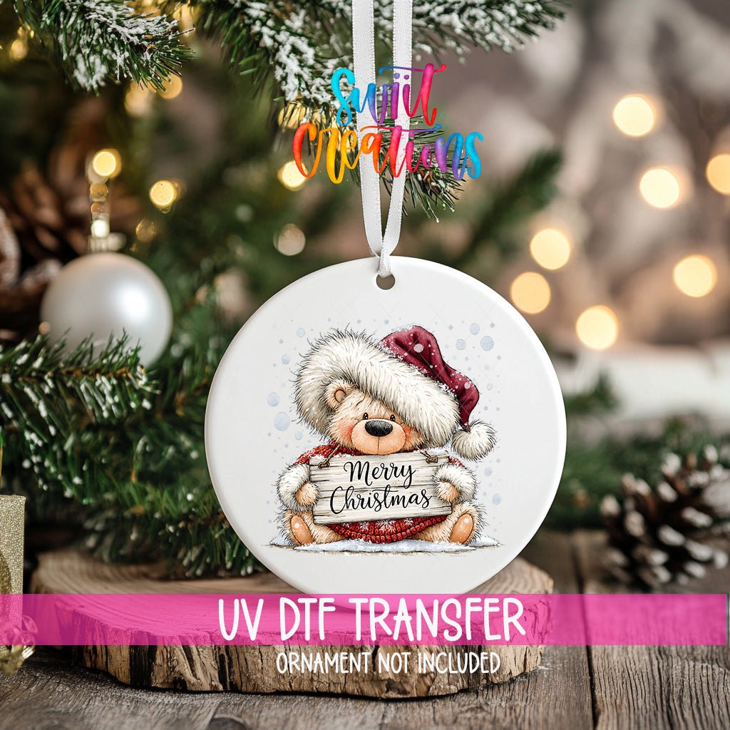 Merry Christmas Teddy Bear Ornament UV DTF Transfer | Cozy Bear with Rustic Holiday Sign | O-2162 - Swiit Creations