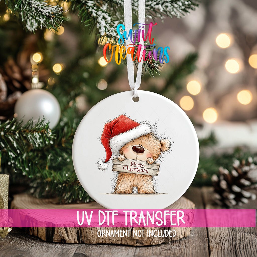 Merry Christmas Teddy Bear Ornament UV DTF Transfer | Santa Hat Bear with Rustic Wood Sign | O-2177 - Swiit Creations
