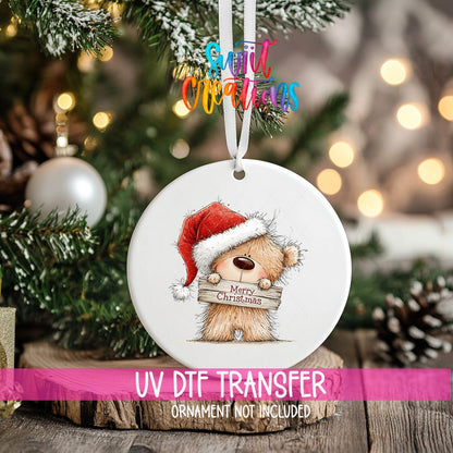 Merry Christmas Teddy Bear Ornament UV DTF Transfer | Santa Hat Bear with Rustic Wood Sign | O-2177 - Swiit Creations