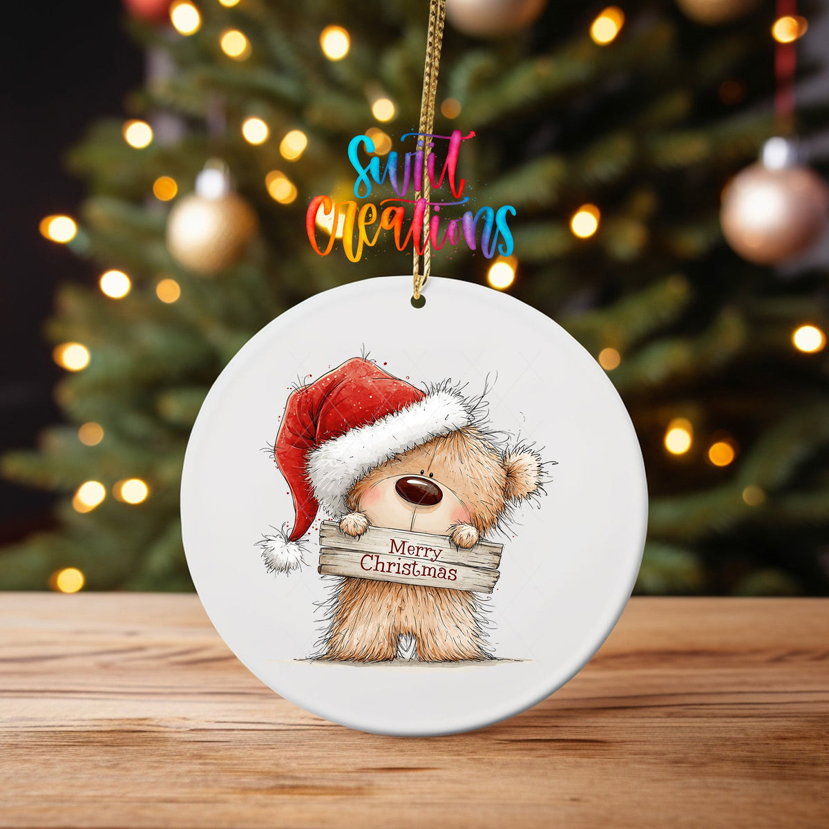Merry Christmas Teddy Bear Ornament UV DTF Transfer | Santa Hat Bear with Rustic Wood Sign | O-2177 - Swiit Creations