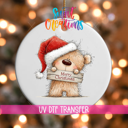 Merry Christmas Teddy Bear Ornament UV DTF Transfer | Santa Hat Bear with Rustic Wood Sign | O-2177 - Swiit Creations