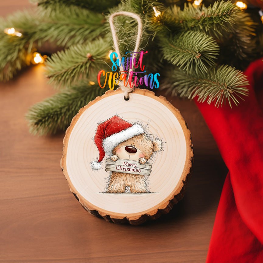 Merry Christmas Teddy Bear Ornament UV DTF Transfer | Santa Hat Bear with Rustic Wood Sign | O-2177 - Swiit Creations