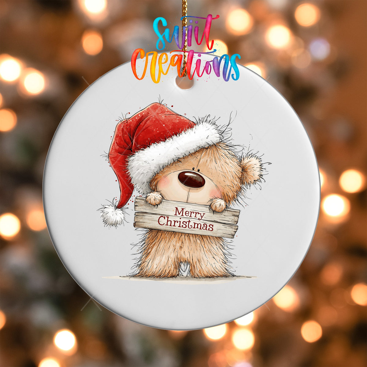 Merry Christmas Teddy Bear Ornament UV DTF Transfer | Santa Hat Bear with Rustic Wood Sign | O-2177 - Swiit Creations
