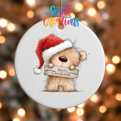 Merry Christmas Teddy Bear Ornament UV DTF Transfer | Santa Hat Bear with Rustic Wood Sign | O-2177 - Swiit Creations