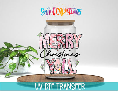 Swiit Creations UV DTF Merry Christmas Y’all Patchwork transfer displayed on a clear jar mockup