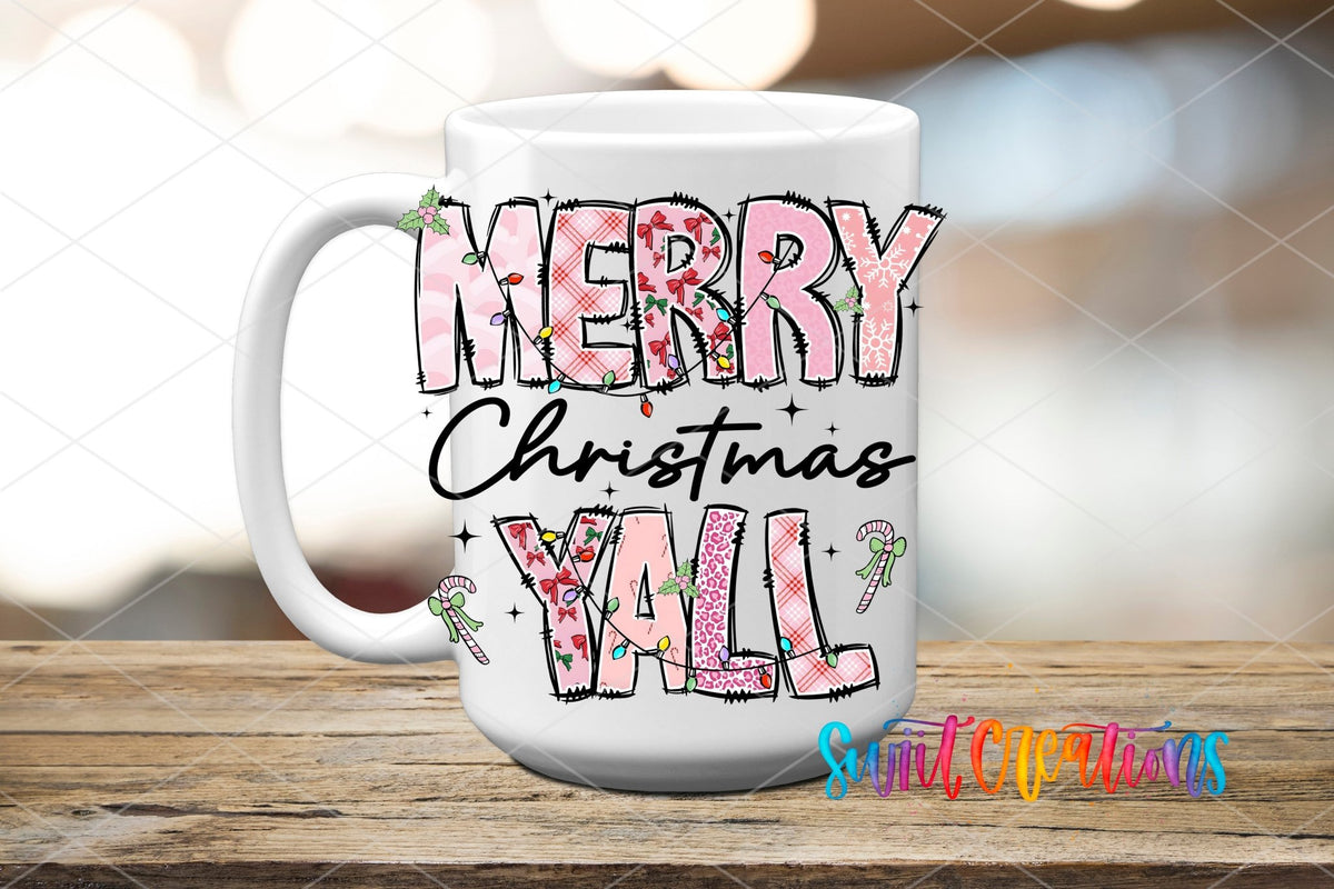 Swiit Creations UV DTF Merry Christmas Y’all Patchwork transfer applied to a white ceramic mug
