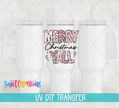 Swiit Creations UV DTF Merry Christmas Y’all Patchwork transfer shown on a white tumbler set