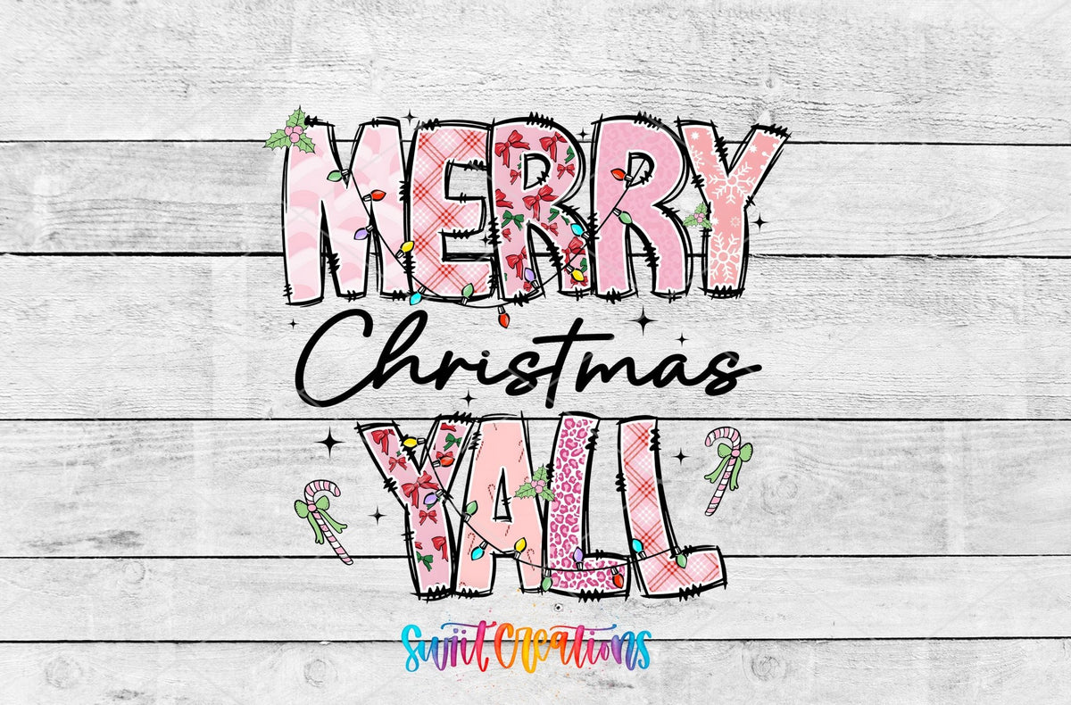 Swiit Creations UV DTF Merry Christmas Y’all Patchwork transfer shown as the full artwork preview