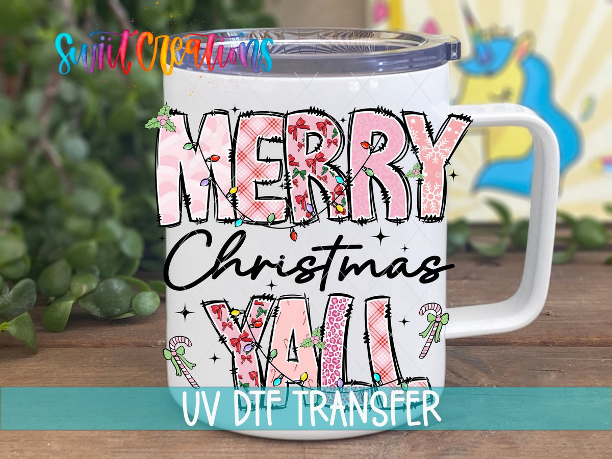 Swiit Creations UV DTF Merry Christmas Y’all Patchwork transfer displayed on a white coffee mug