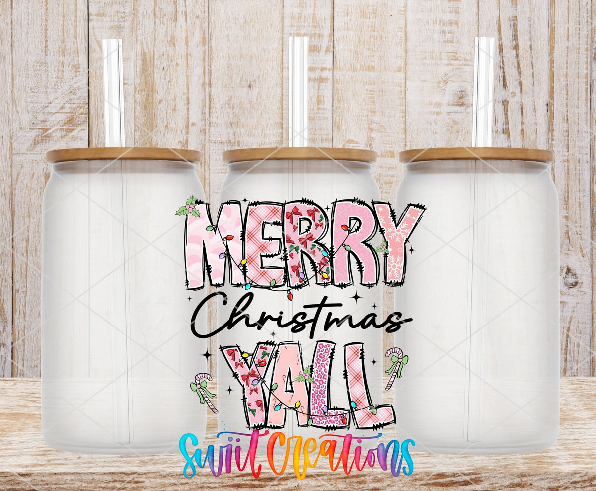 Swiit Creations UV DTF Merry Christmas Y’all Patchwork transfer shown on a clear glass can set