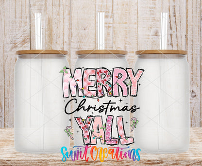 Swiit Creations UV DTF Merry Christmas Y’all Patchwork transfer shown on a clear glass can set