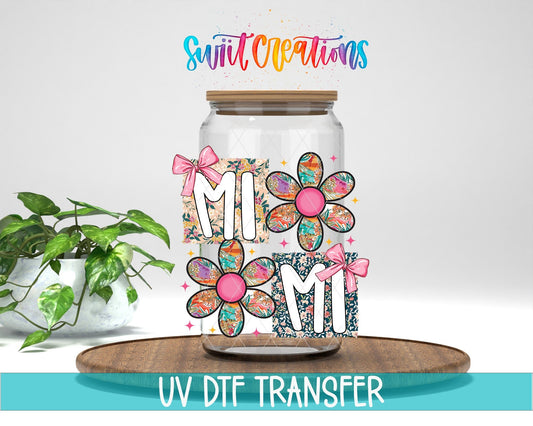 Mimi Floral Patchwork Daisy UV DTF transfer displayed on a clear jar mockup from Swiit Creations