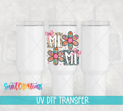 Mimi Floral Patchwork Daisy UV DTF transfer applied to a white tumbler set from Swiit Creations