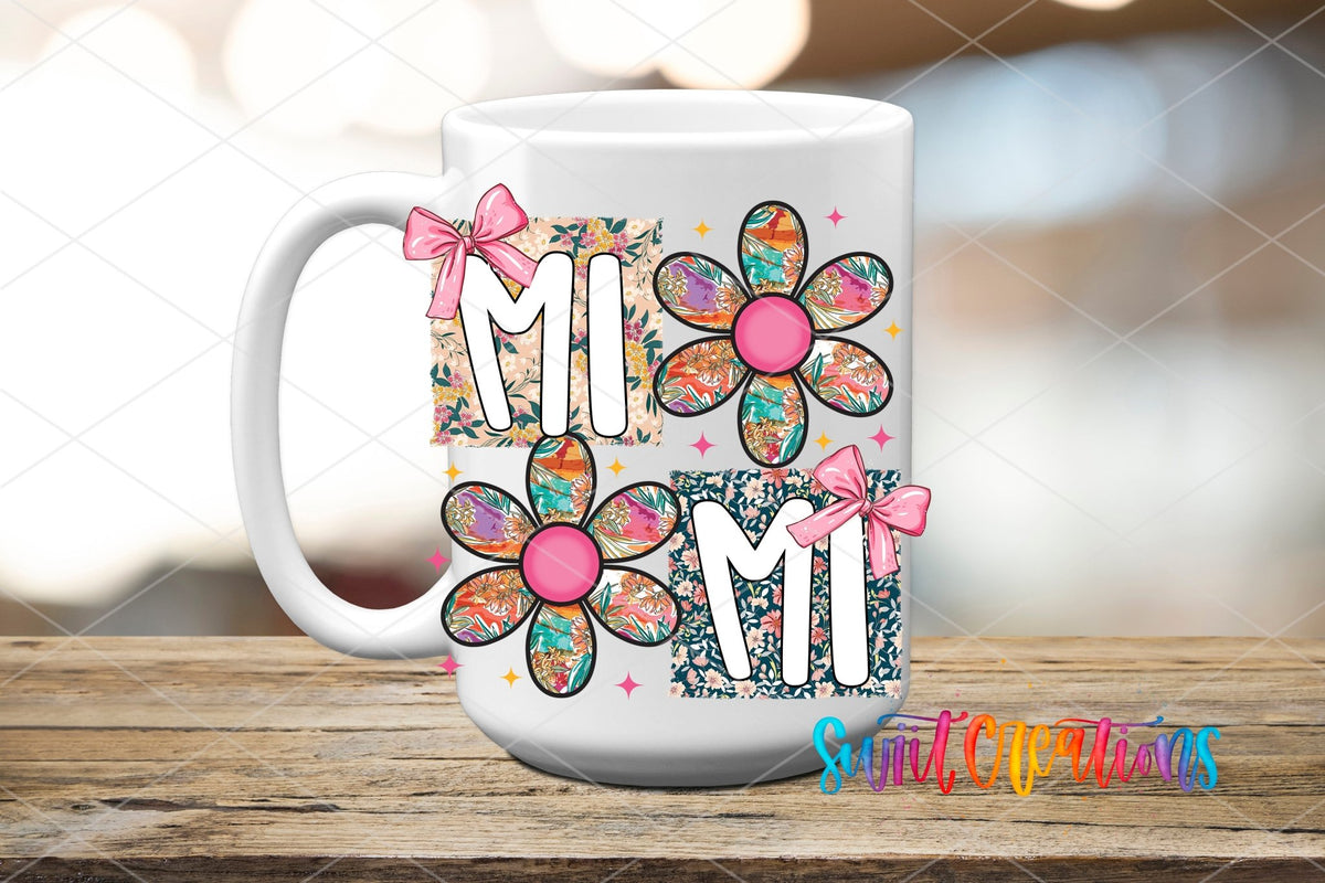Mimi Floral Patchwork Daisy UV DTF transfer displayed on a white ceramic mug from Swiit Creations
