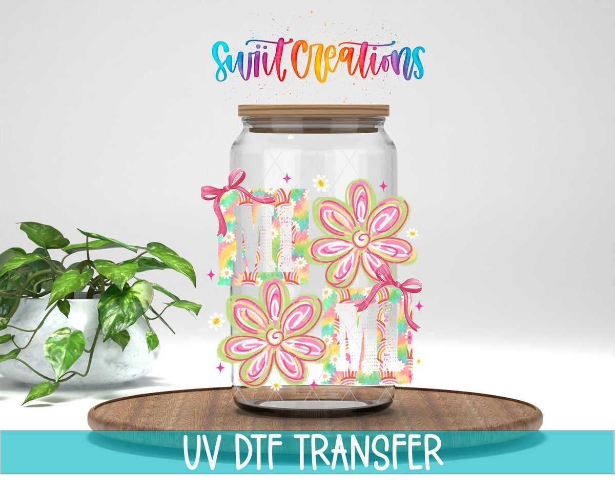 Mimi Tie Dye Flowers UV DTF transfer displayed on a clear jar mockup from Swiit Creations